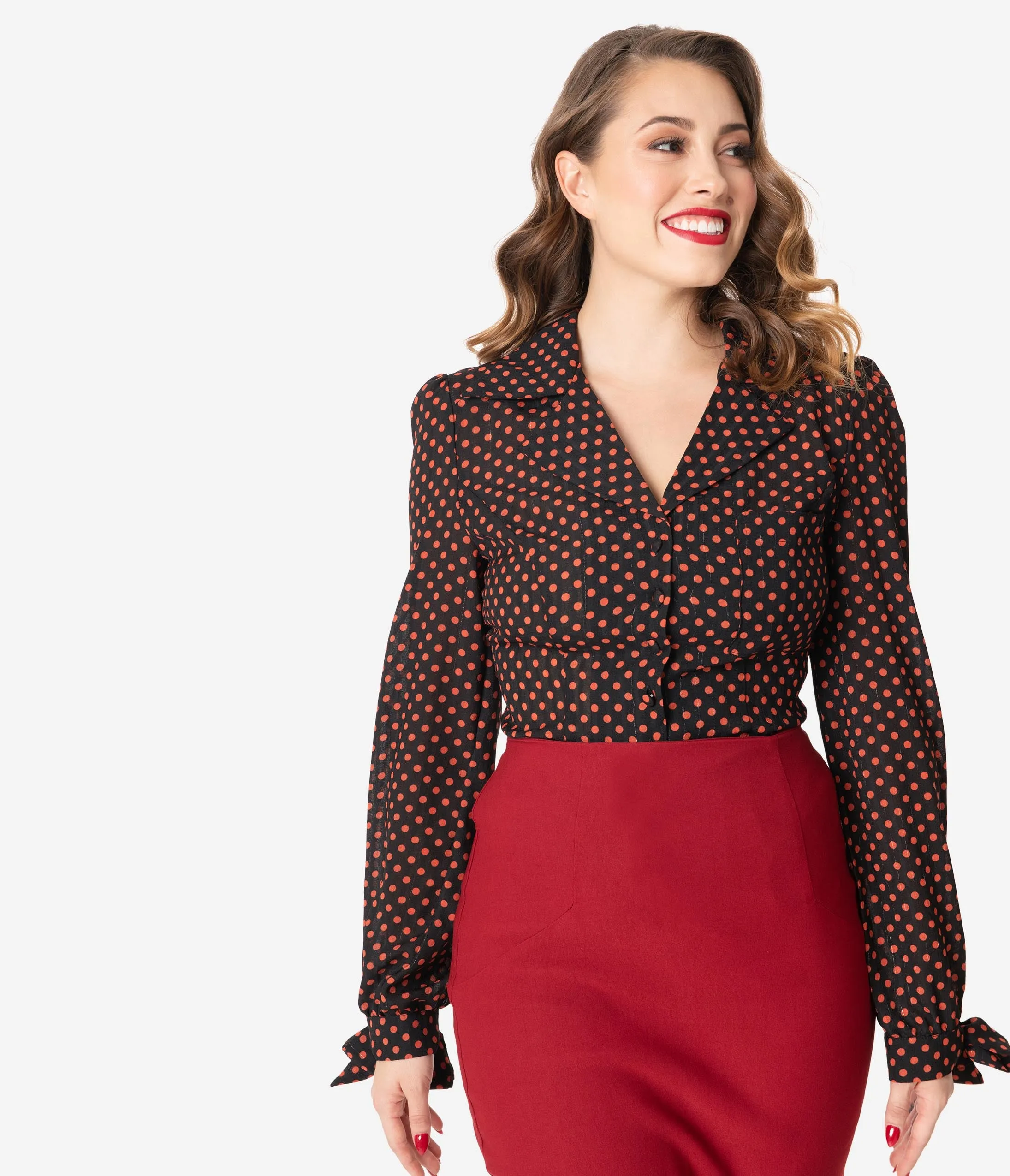 Unique Vintage 1950s Style Black & Rust Polka Dot Izzy Blouse