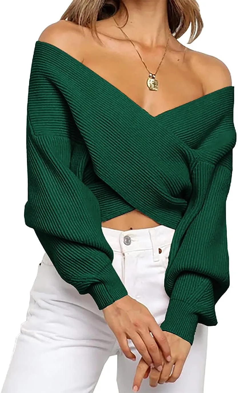 V Neck Long Sleeve  Casual Cross Wrap Asymmetric  Sweater