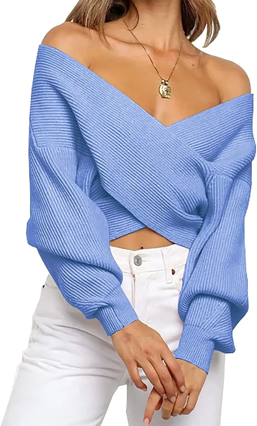 V Neck Long Sleeve  Casual Cross Wrap Asymmetric  Sweater