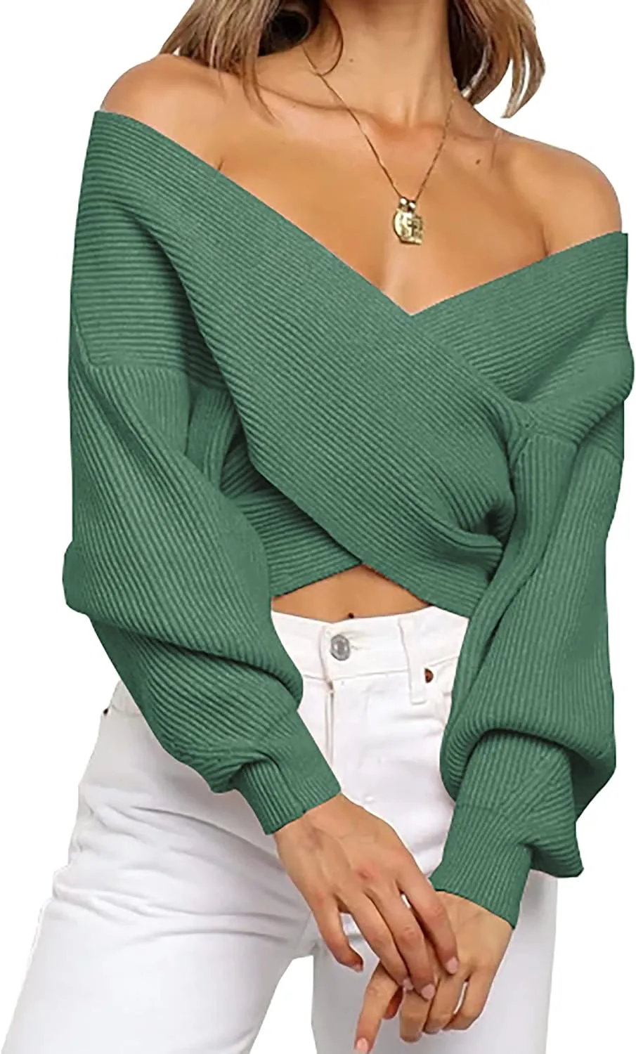 V Neck Long Sleeve  Casual Cross Wrap Asymmetric  Sweater