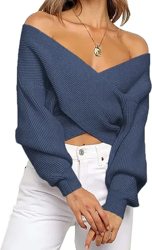 V Neck Long Sleeve  Casual Cross Wrap Asymmetric  Sweater