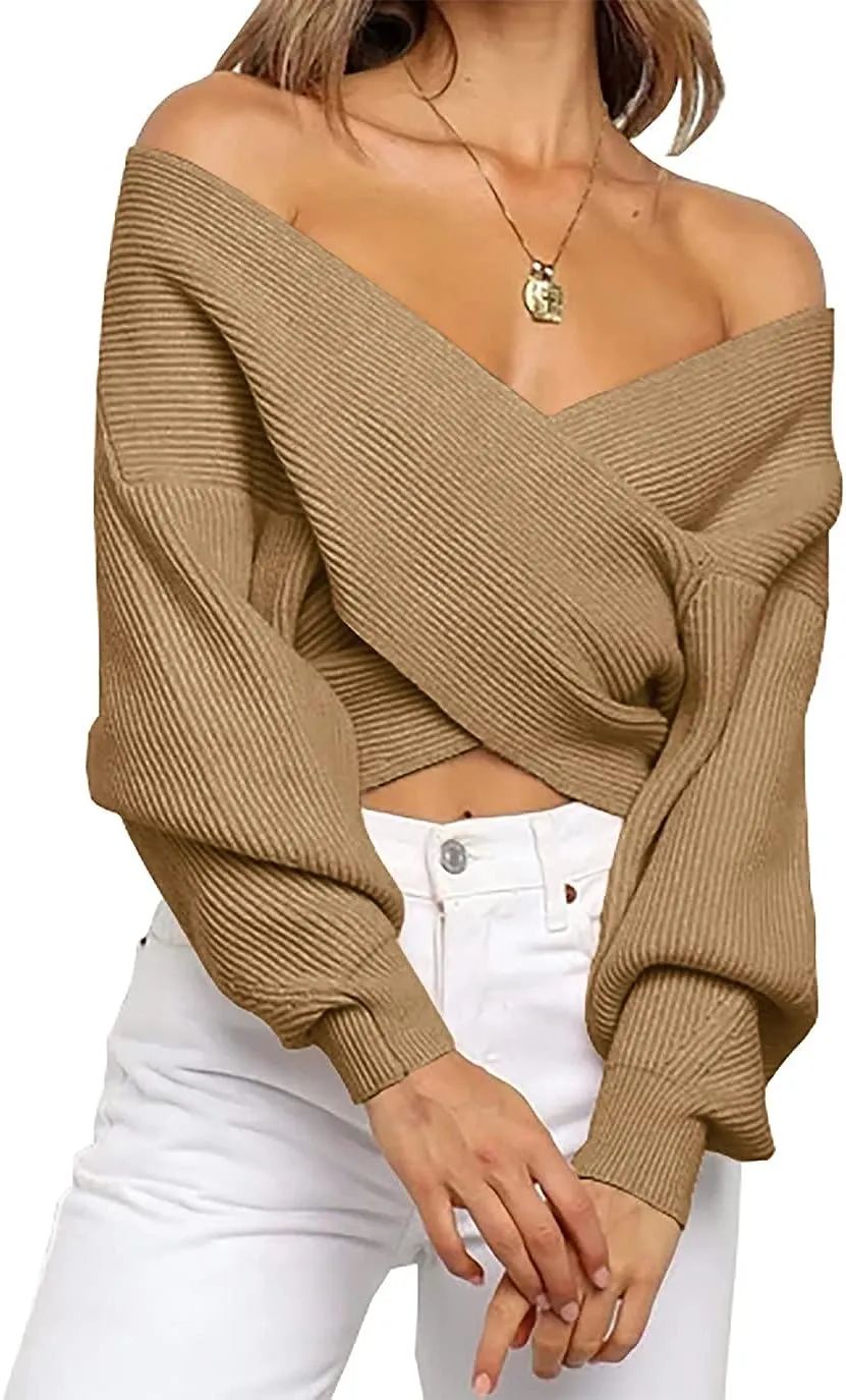 V Neck Long Sleeve  Casual Cross Wrap Asymmetric  Sweater