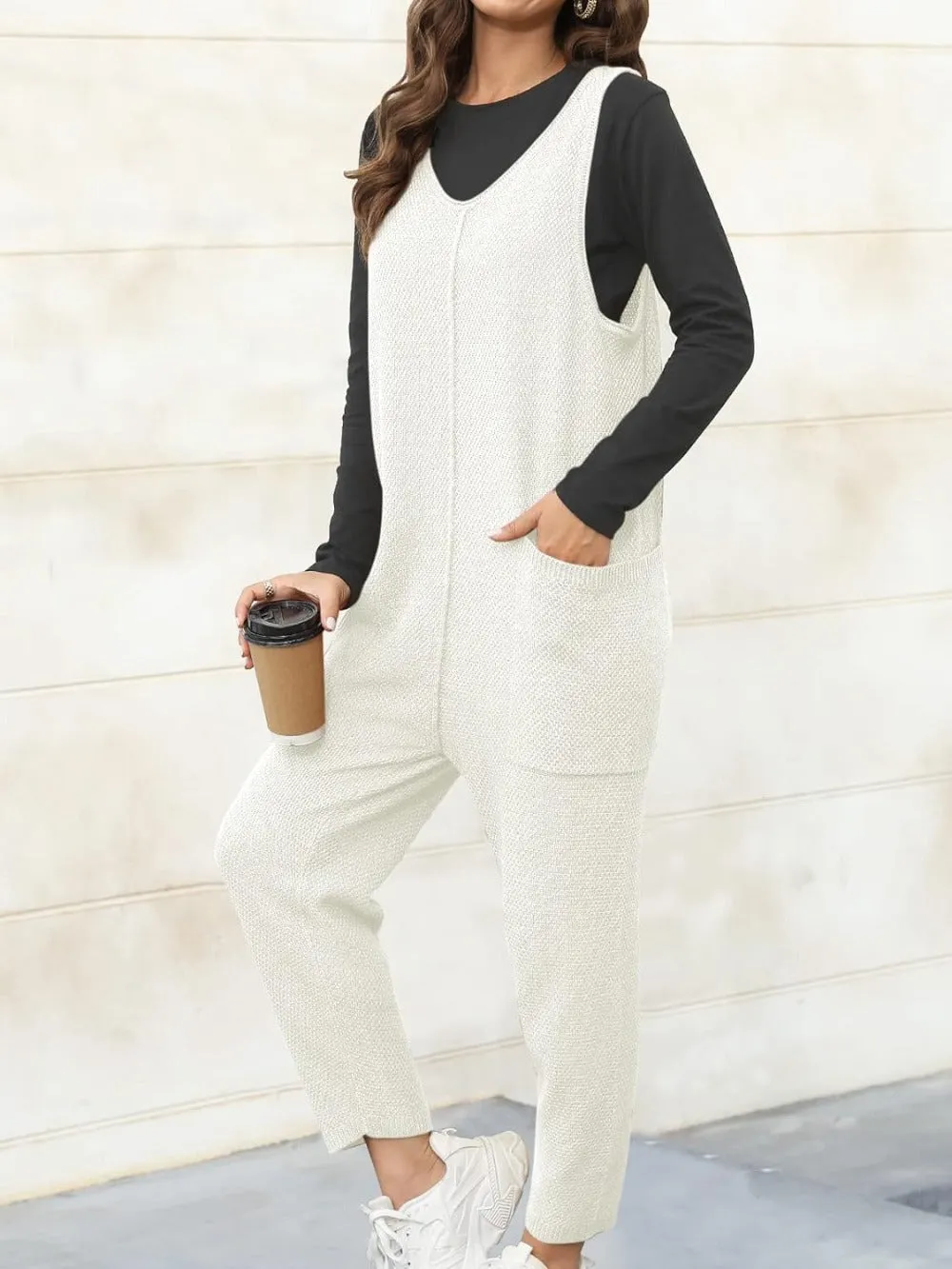 V Neck Sleeveless Sweater Jumpsuit with Pockets