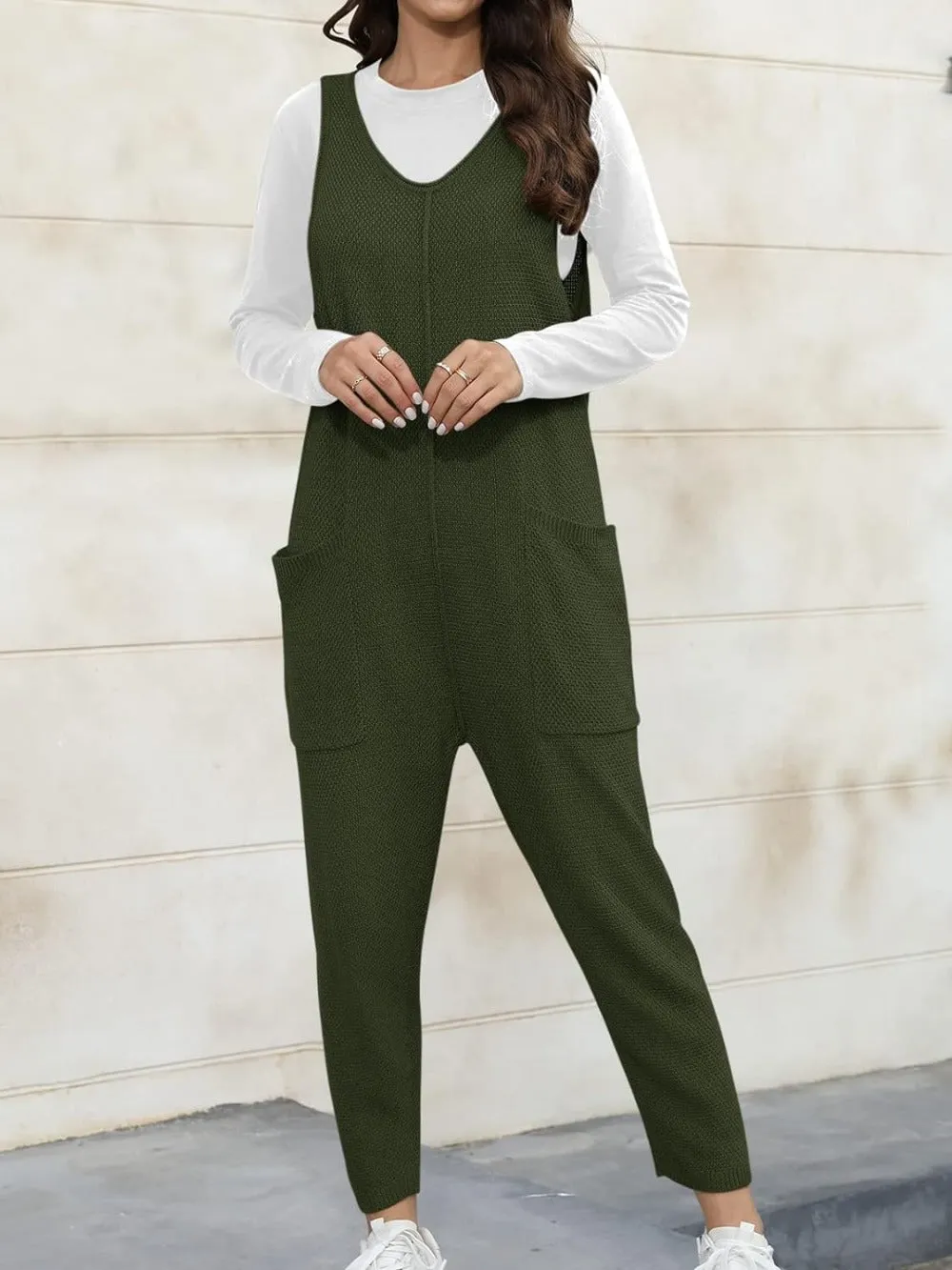 V Neck Sleeveless Sweater Jumpsuit with Pockets