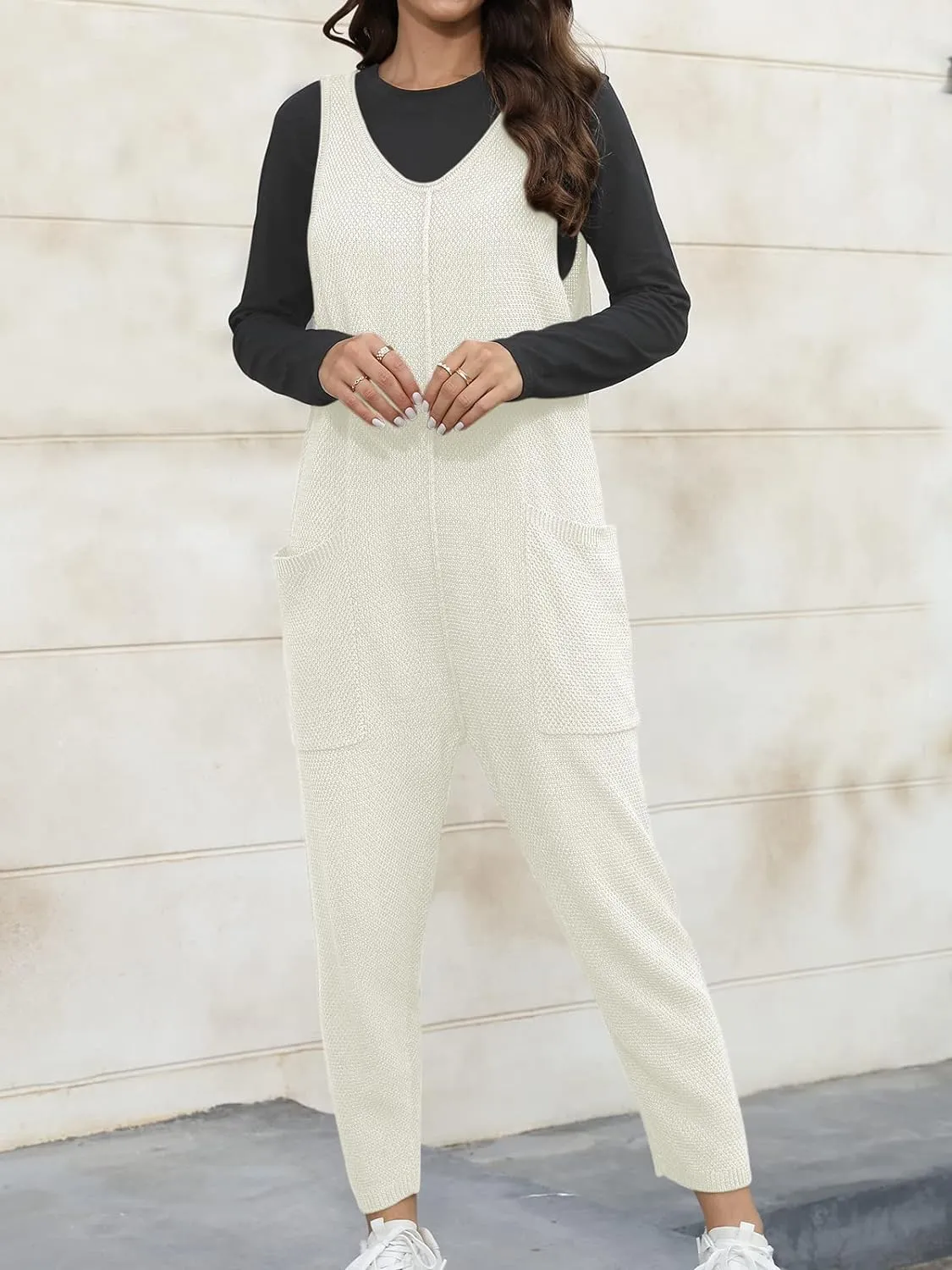 V Neck Sleeveless Sweater Jumpsuit with Pockets