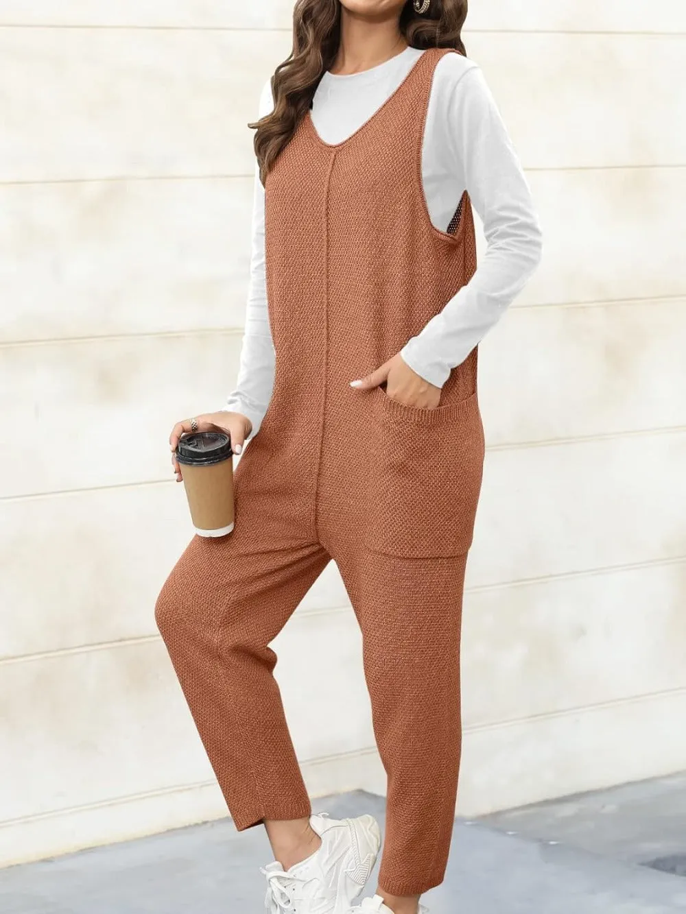 V Neck Sleeveless Sweater Jumpsuit with Pockets