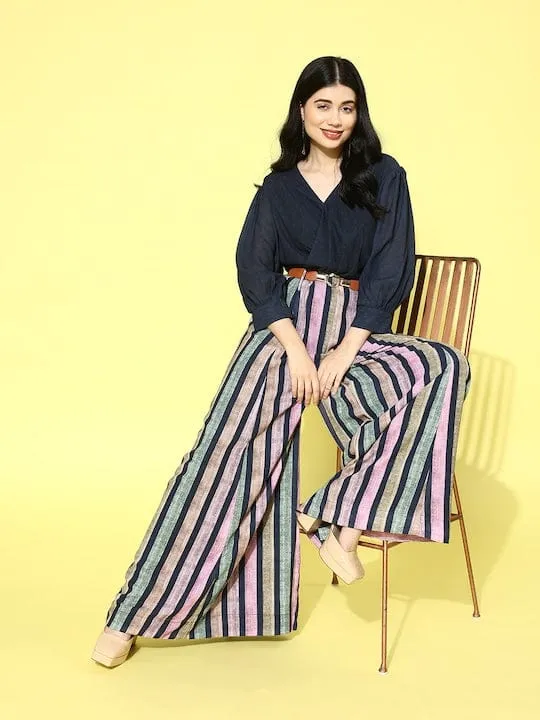 Varanga Women Navy Blue Striped Printed Jumpsuit