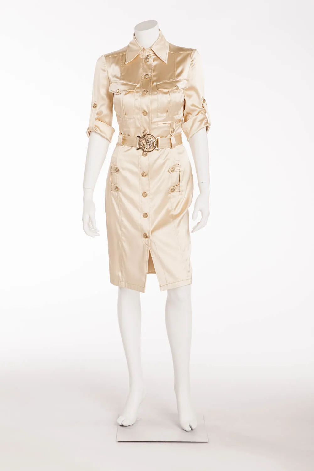 Versace - Editorial, As Seen on Madonna - Gold Button Down 3/4 Sleeve Dress with Open Back - IT 40