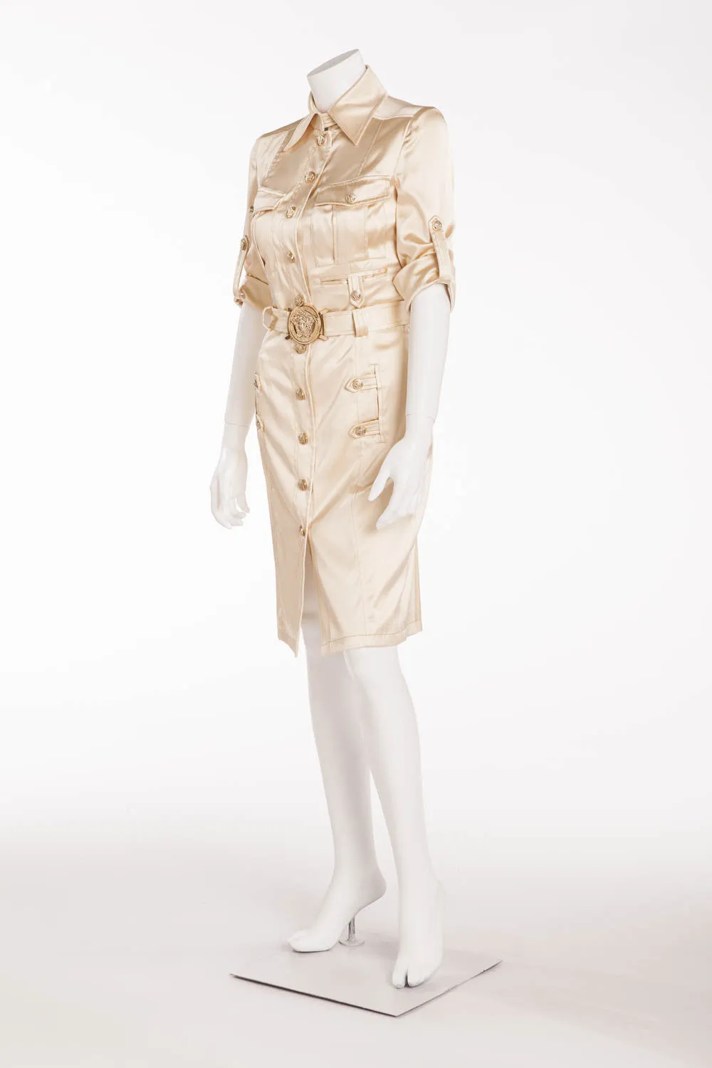 Versace - Editorial, As Seen on Madonna - Gold Button Down 3/4 Sleeve Dress with Open Back - IT 40