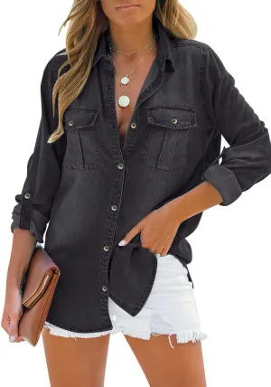 Vetinee Women's Button Down Denim Shirt Collared Casual Long Sleeve Pocket Tops