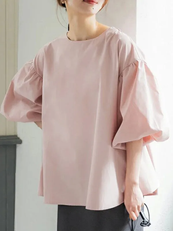 Vintage Balloon Sleeves Loose Blouse in Cotton