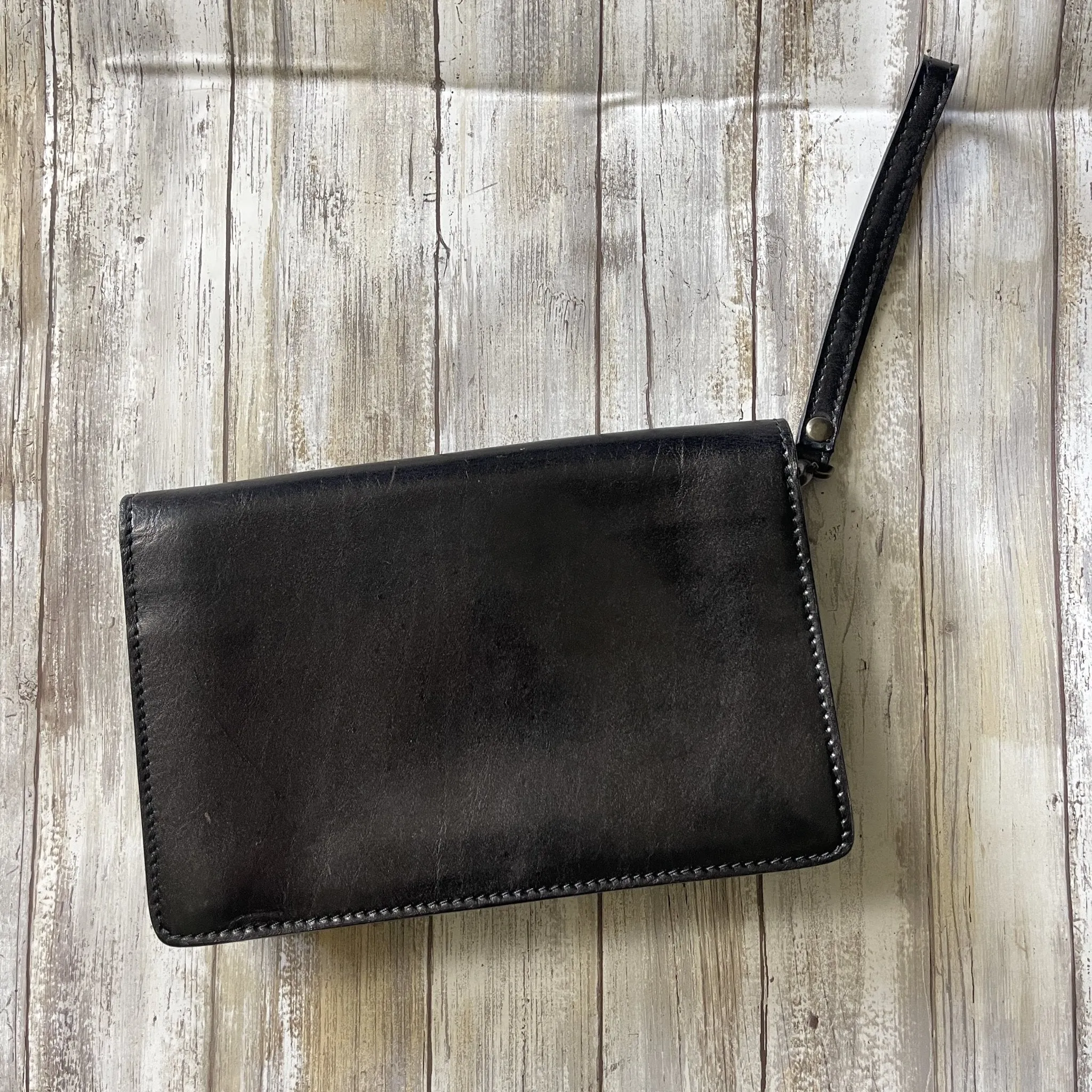 Vintage Black Leather Clutch from Italy. Envelope Style with a Wallet Organizer Section. 1980s Fashion.