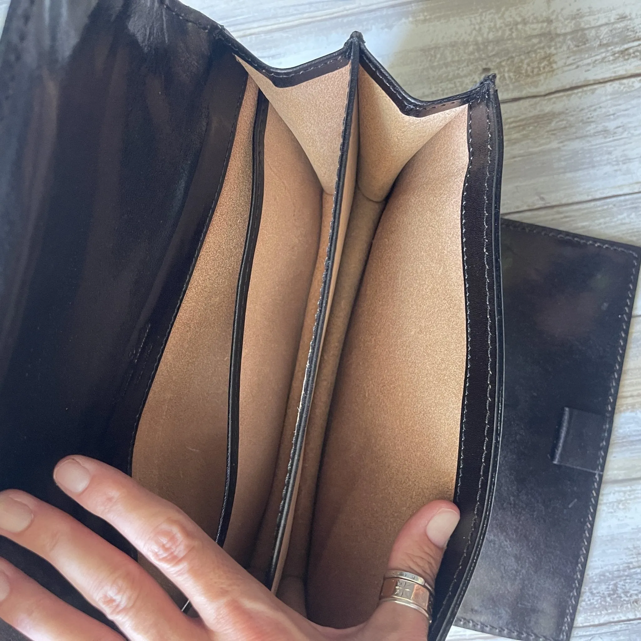 Vintage Black Leather Clutch from Italy. Envelope Style with a Wallet Organizer Section. 1980s Fashion.