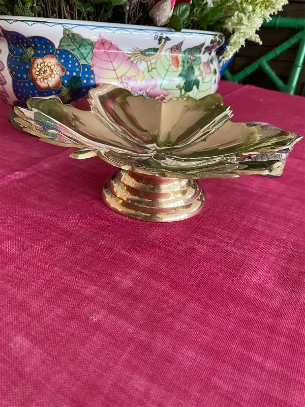 Vintage Brass Leaf Pedestal Dish made in India