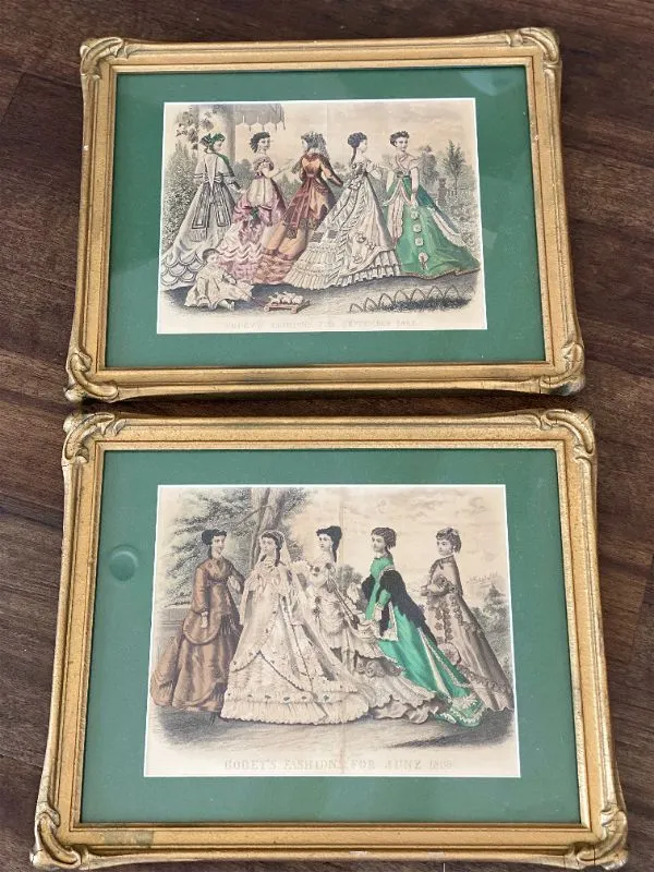 Vintage Lithograph Artwork -Pair of framed Godey's Fashion 1868 lithographs