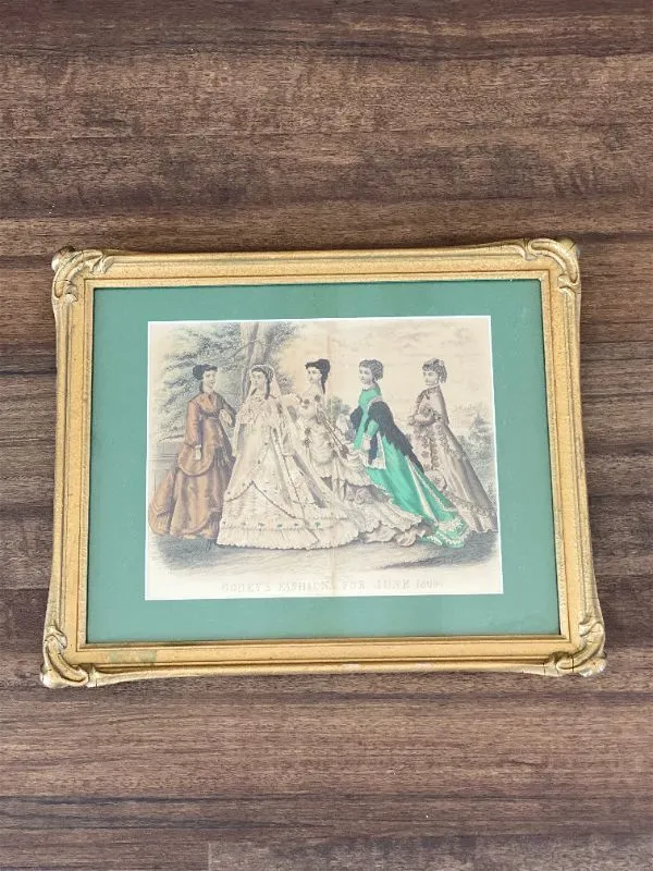 Vintage Lithograph Artwork -Pair of framed Godey's Fashion 1868 lithographs