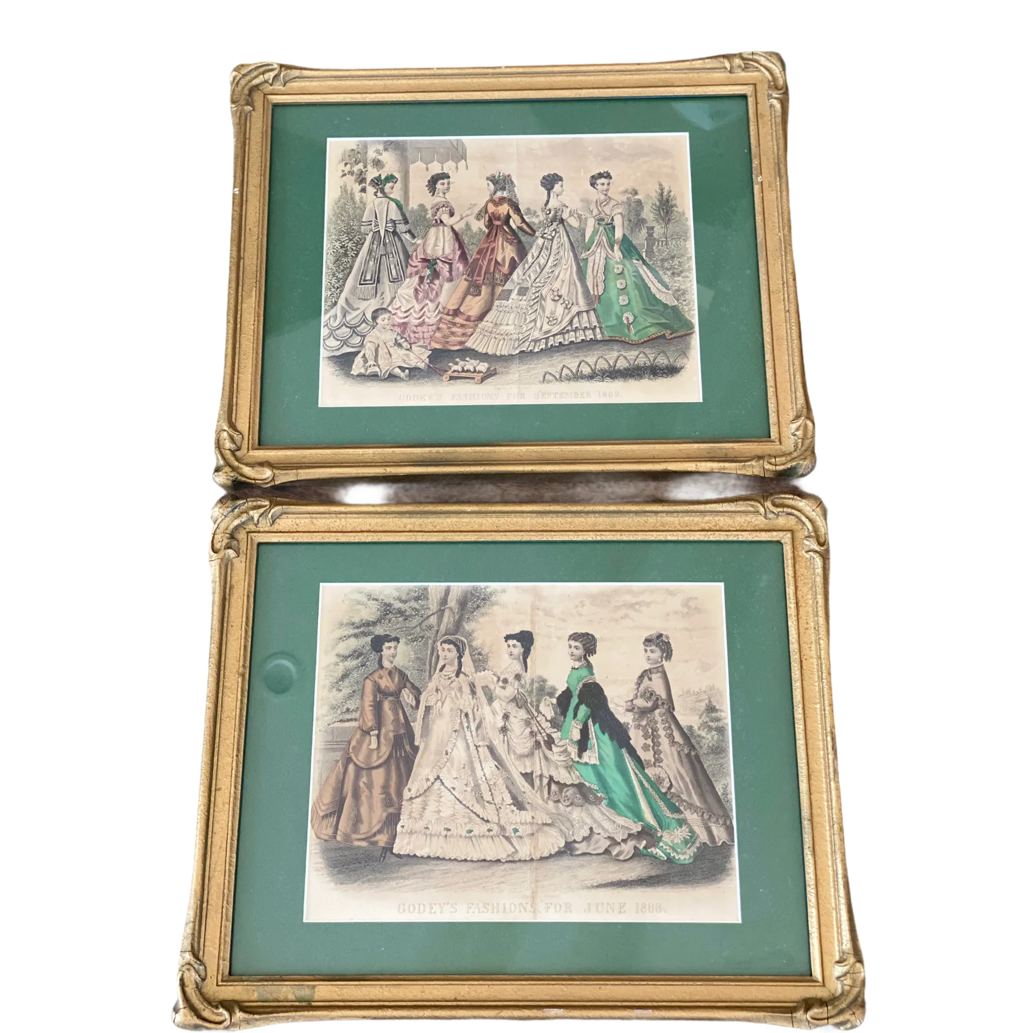 Vintage Lithograph Artwork -Pair of framed Godey's Fashion 1868 lithographs