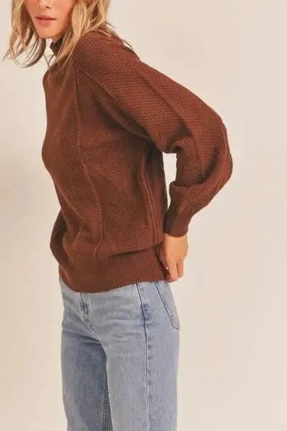 Walnut Mock Neck Pattern Woven Sweater