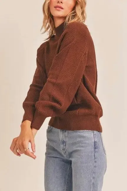 Walnut Mock Neck Pattern Woven Sweater