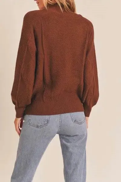 Walnut Mock Neck Pattern Woven Sweater