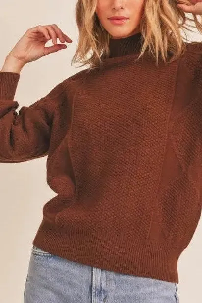 Walnut Mock Neck Pattern Woven Sweater