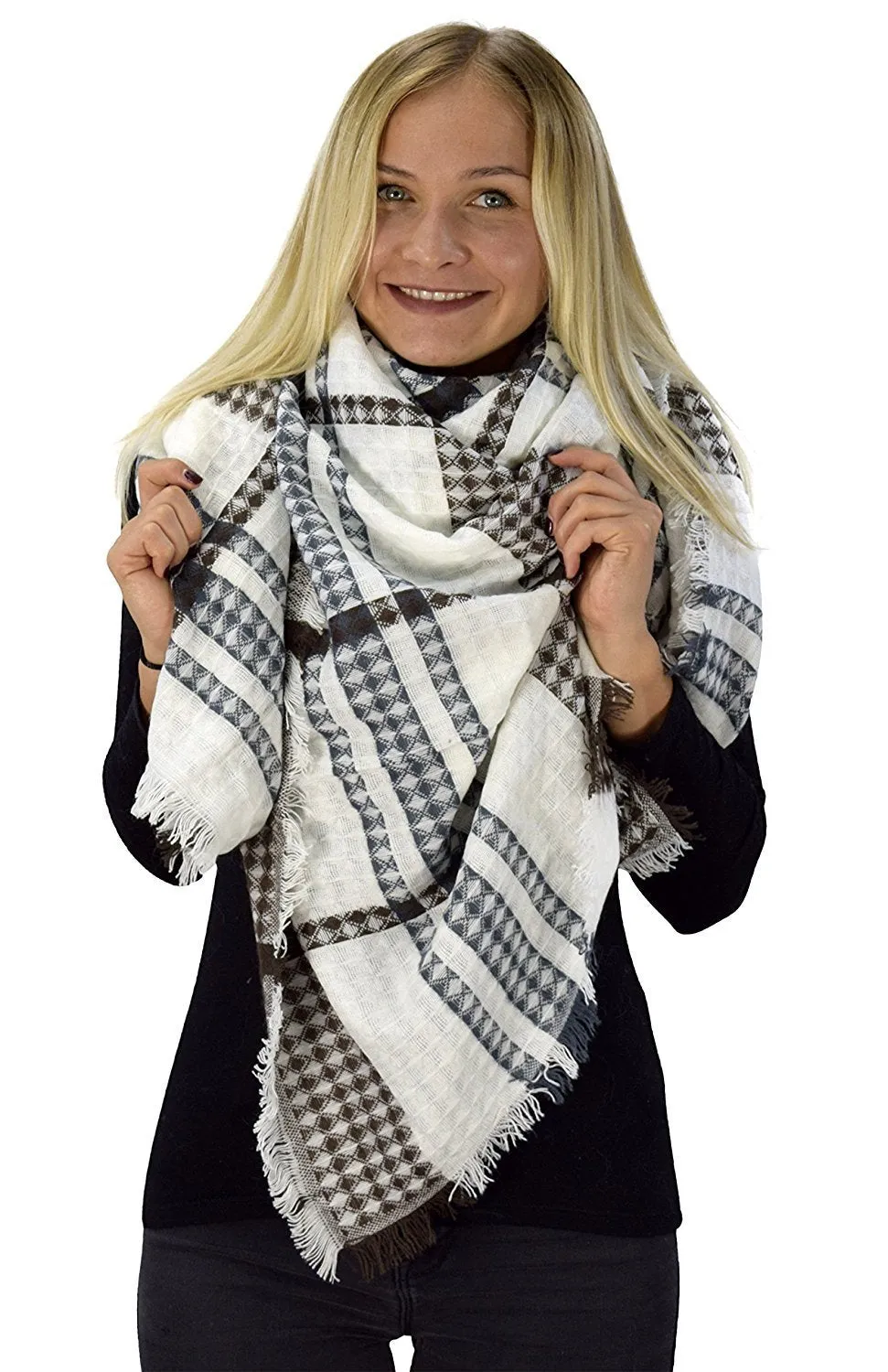 Warm Tartan Plaid Woven Oversized Fringe Scarf Blanket Shawl Wrap White Brown