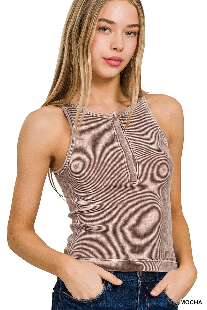 Washed Ribbed Seamless Button-Up Tank Top