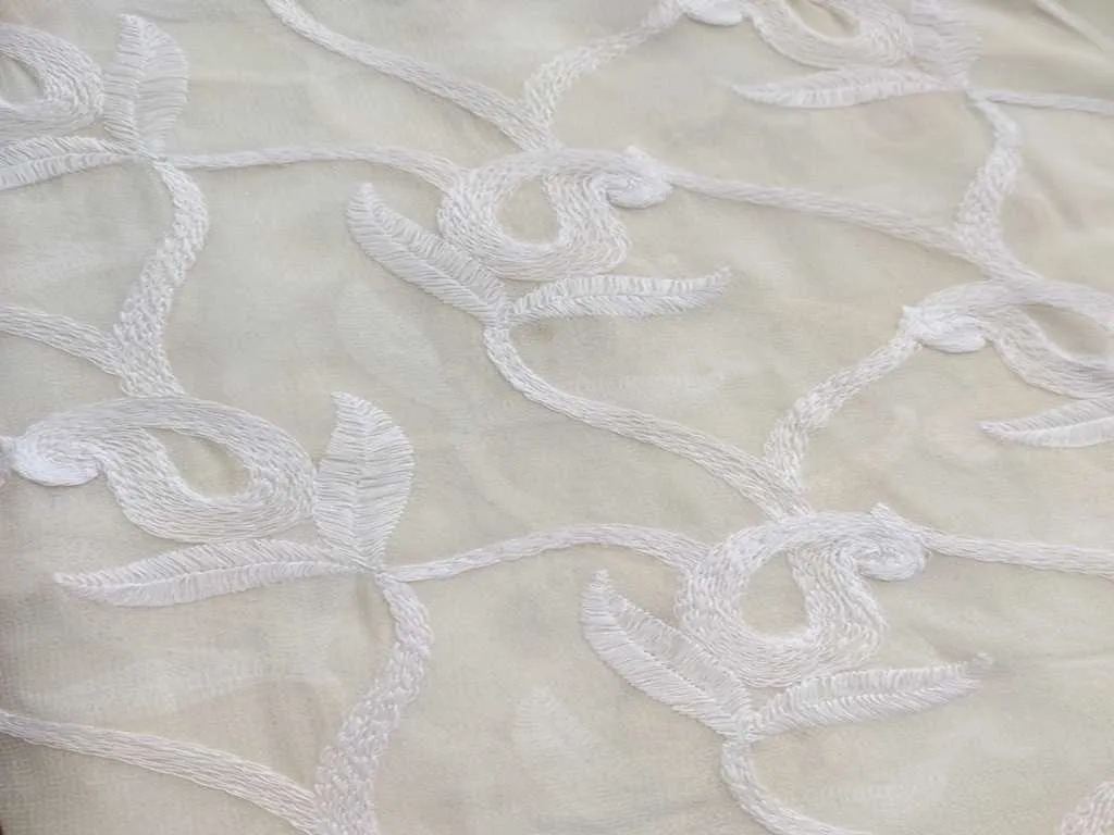 White & Gray Paisleys Dyeable Embroidered Georgette Fabric (Wholesale)