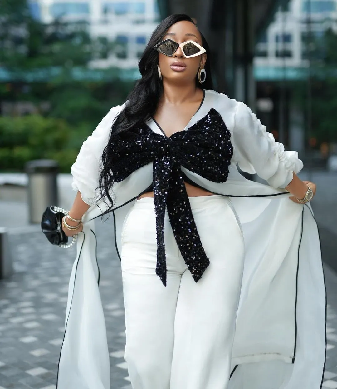 White kimono with black bow sequin and white wide leg pant set