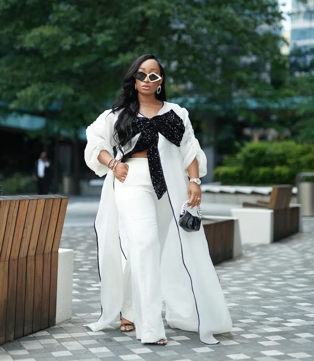 White kimono with black bow sequin and white wide leg pant set