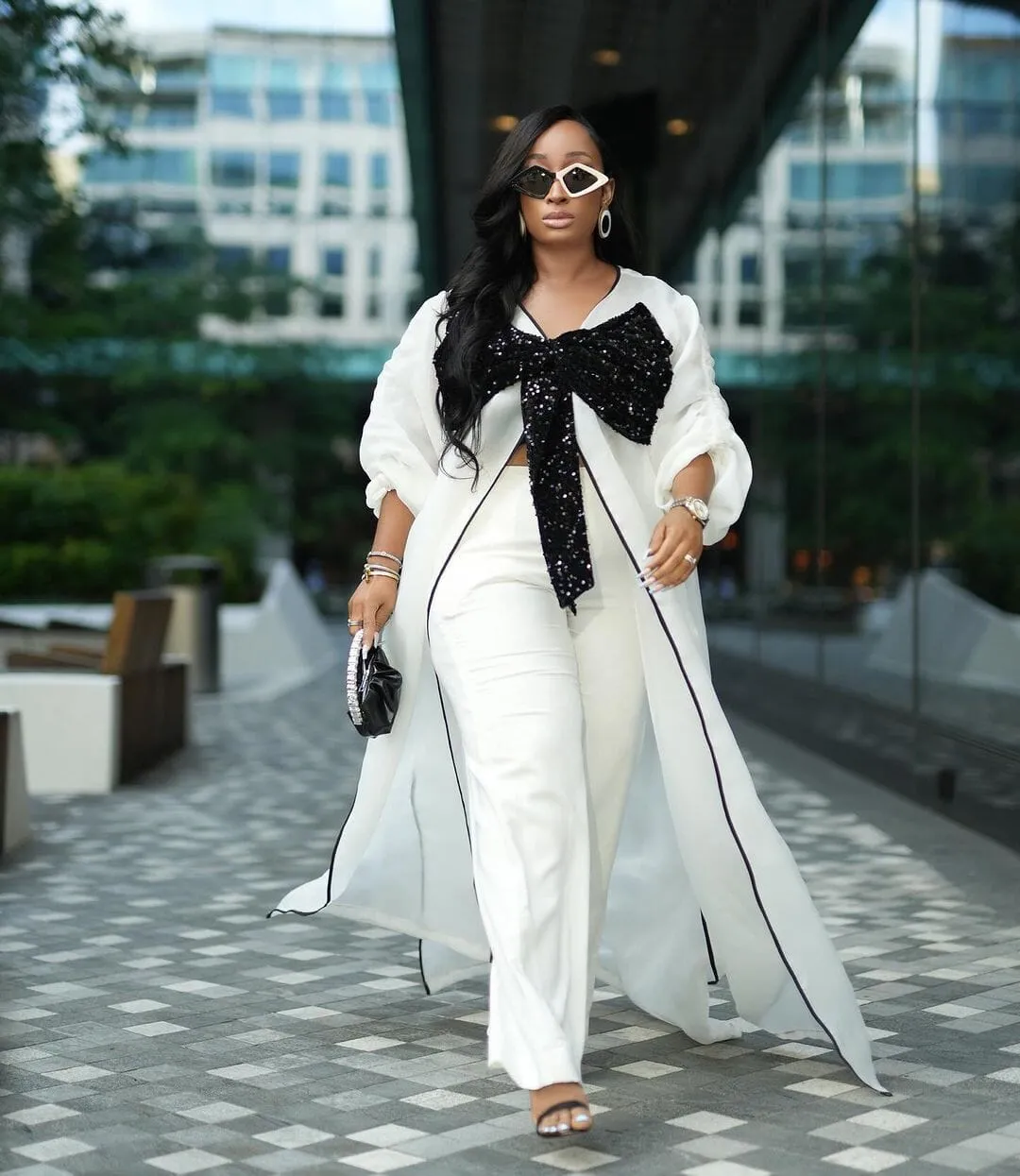 White kimono with black bow sequin and white wide leg pant set