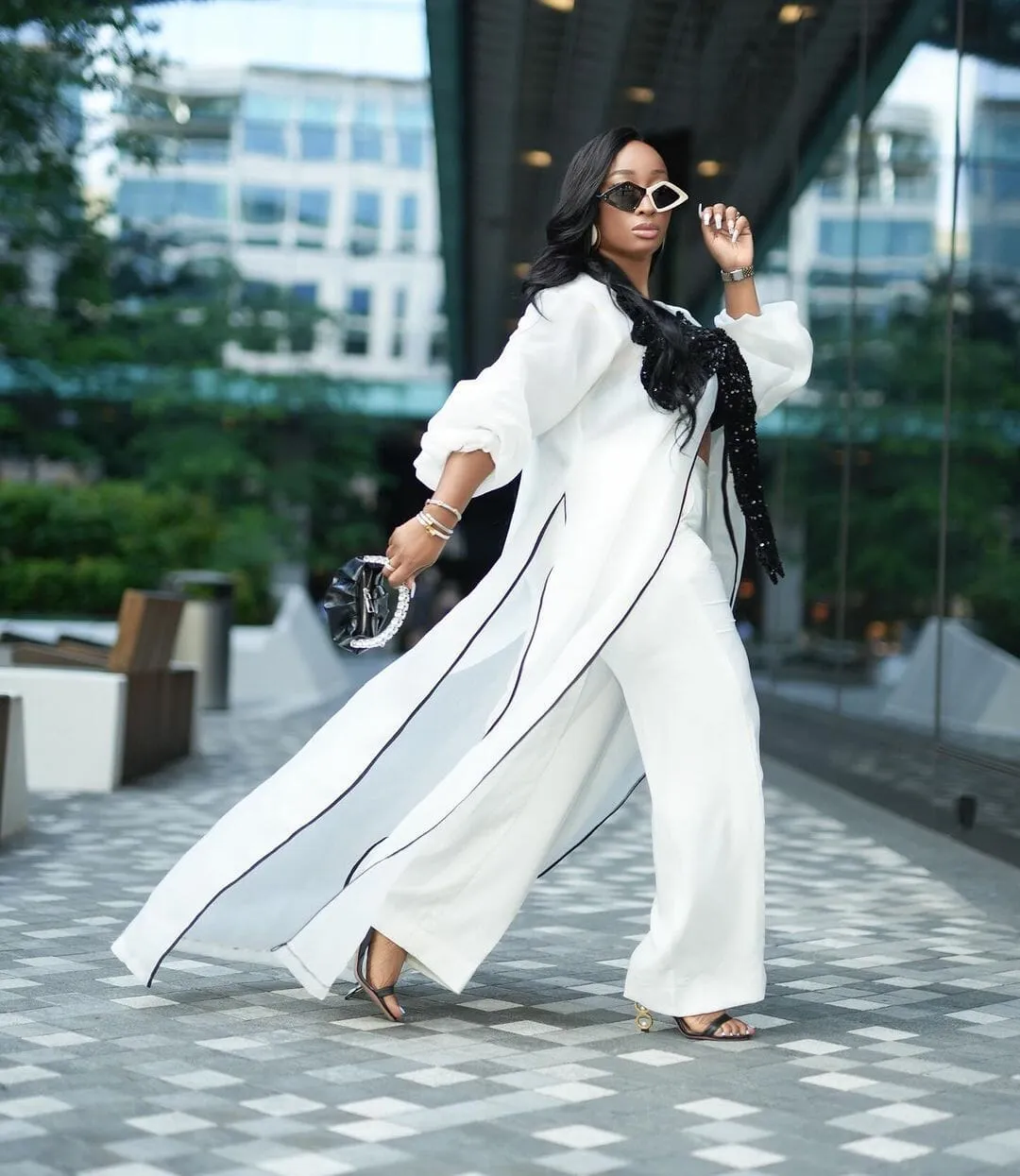 White kimono with black bow sequin and white wide leg pant set