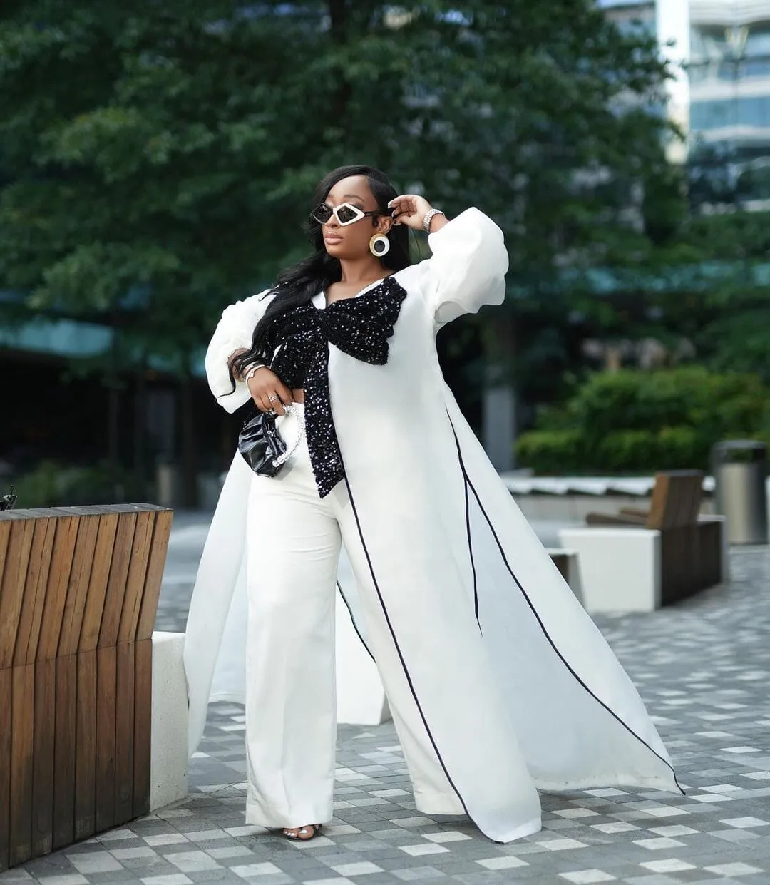 White kimono with black bow sequin and white wide leg pant set