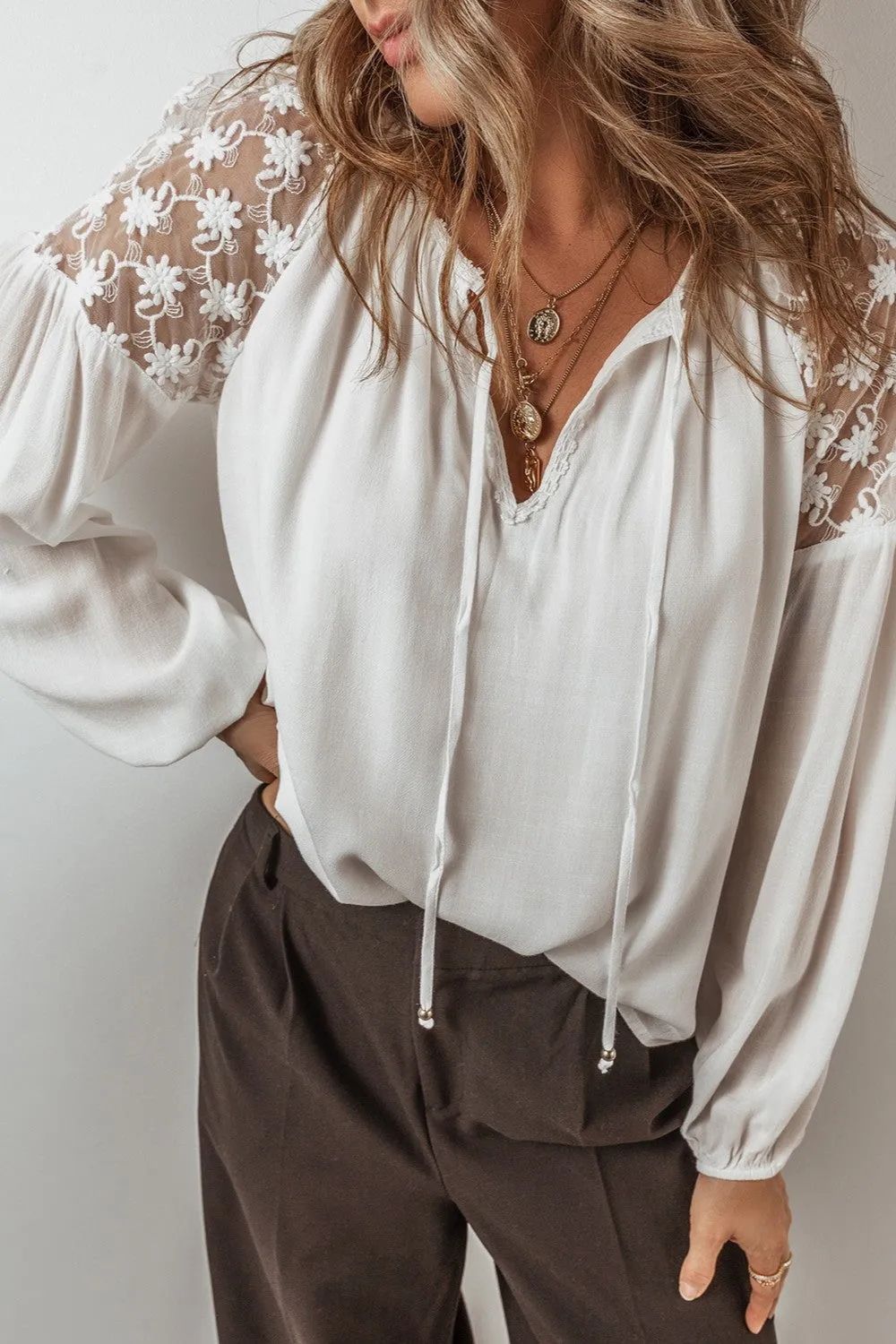 White Lace Tie Neck Long Sleeve Blouse