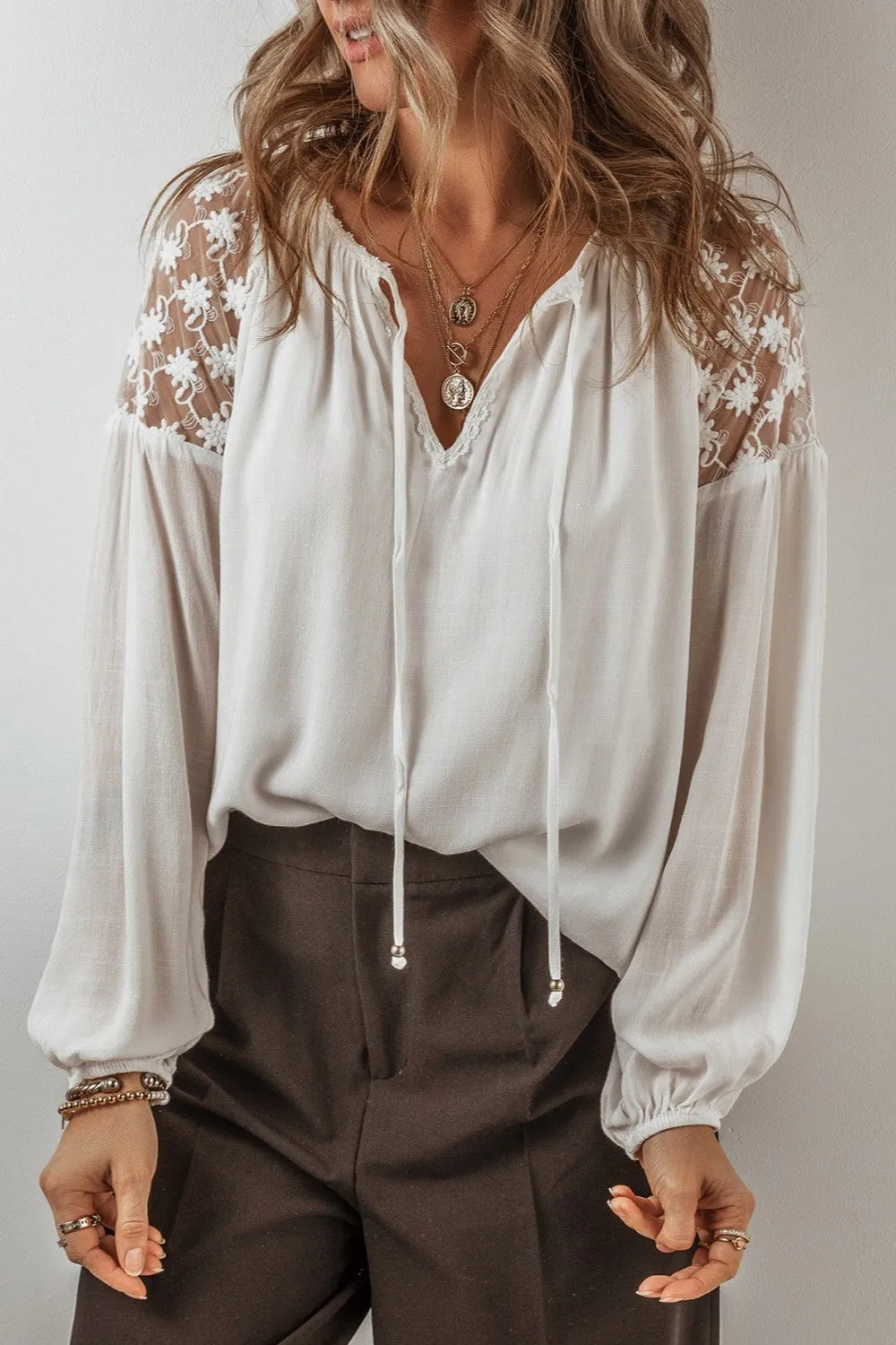 White Lace Tie Neck Long Sleeve Blouse