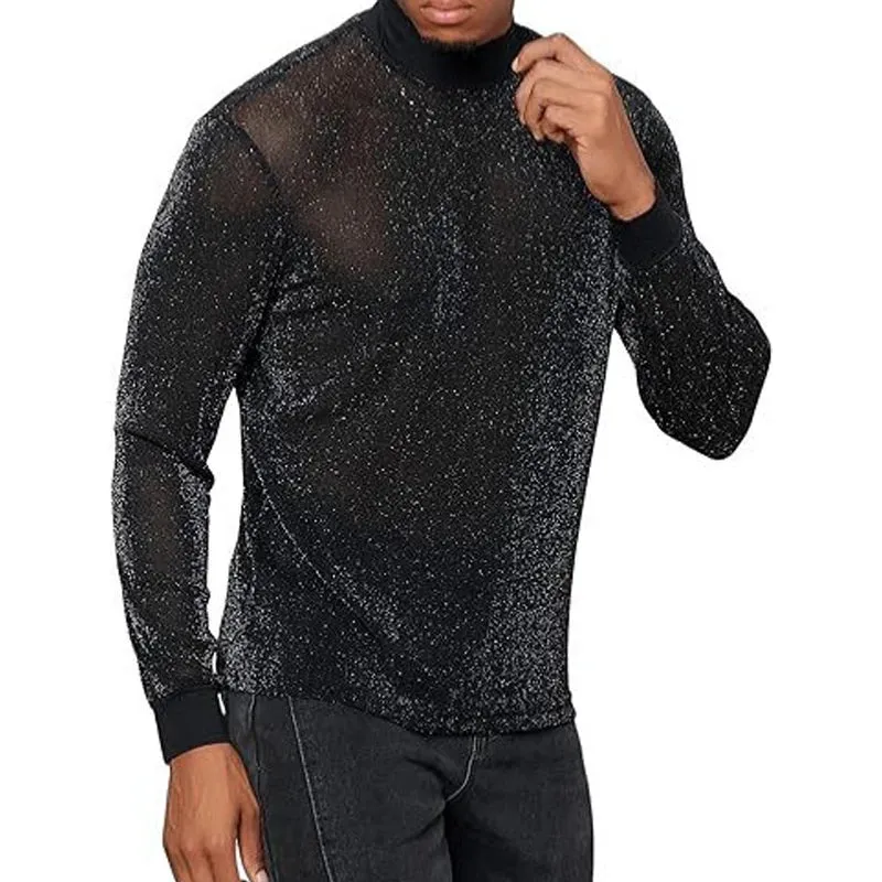 Wiaofellas  -  Male Nightclub Glitter T Shirts Spring Fall Skinny Long Sleeve Turtleneck Pullover Fashion See-through Shinny Men Party Pullover