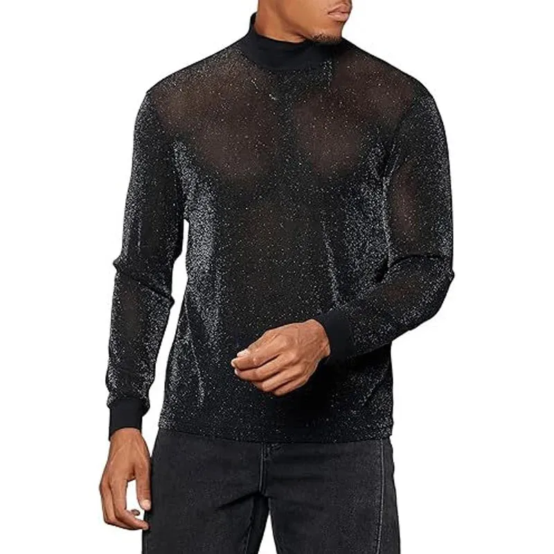 Wiaofellas  -  Male Nightclub Glitter T Shirts Spring Fall Skinny Long Sleeve Turtleneck Pullover Fashion See-through Shinny Men Party Pullover