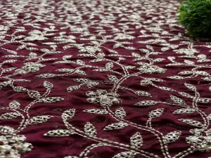 Wine Traditional Glass Silk With Rose Gold Embroidered Zardozi Work Georgette Fabric (Wholesale)