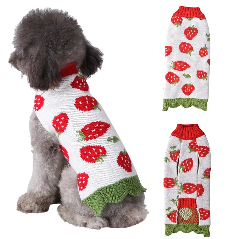 Winter Fashion Dog Sweater with Cute Strawberry Print - Stylish and Cozy Sweater for Chihuahuas, Yorkshire Terriers, Small to Medium Dogs, Cats, and Fall Warmth