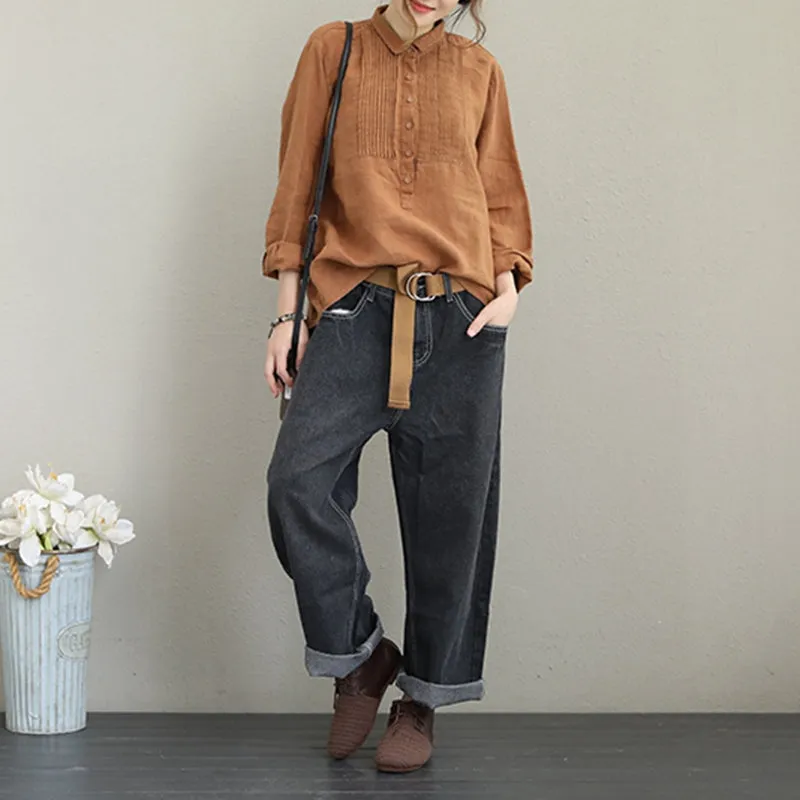 Women Casual Cotton Linen Shirt Fashion Tops For Fall Q1627