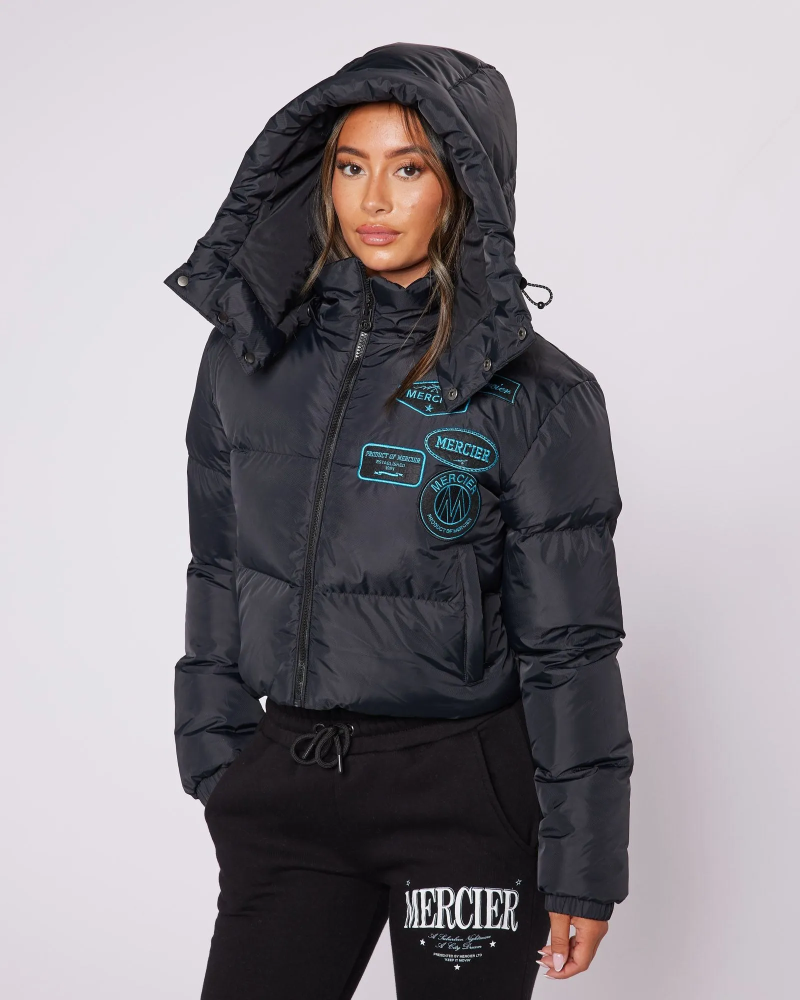 Womens Black/Aqua Cropped Puffer Jacket