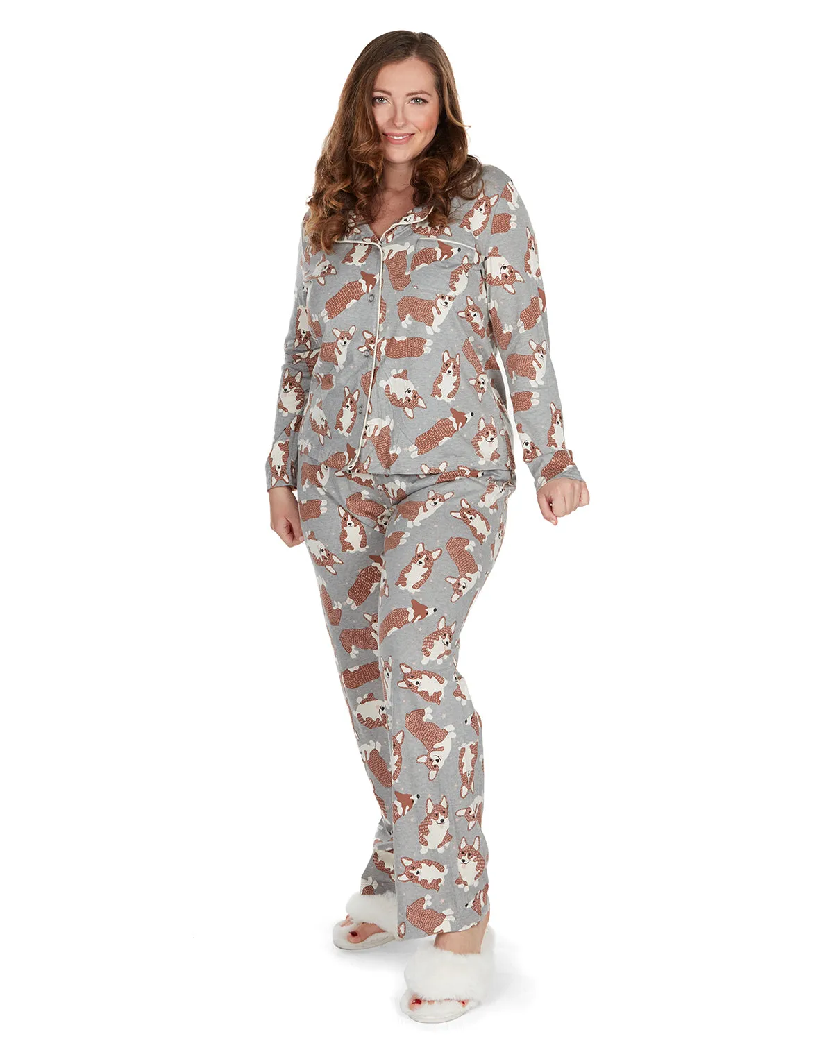 Women's Corgi Dog Notch Collar Cotton Blend Pant Pajama Set