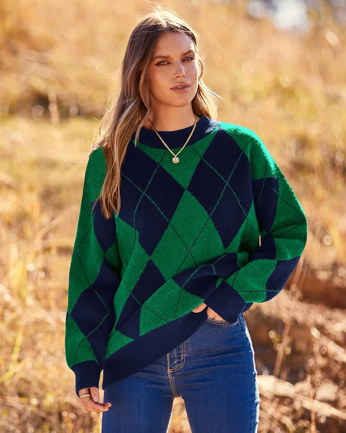 Womens Fall Argyle Oversize Winter Plaid Sweaters