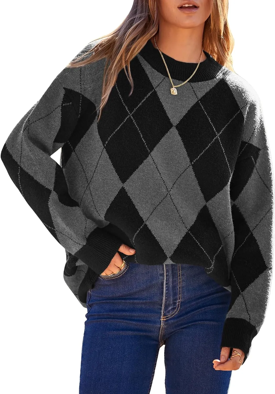 Womens Fall Argyle Oversize Winter Plaid Sweaters