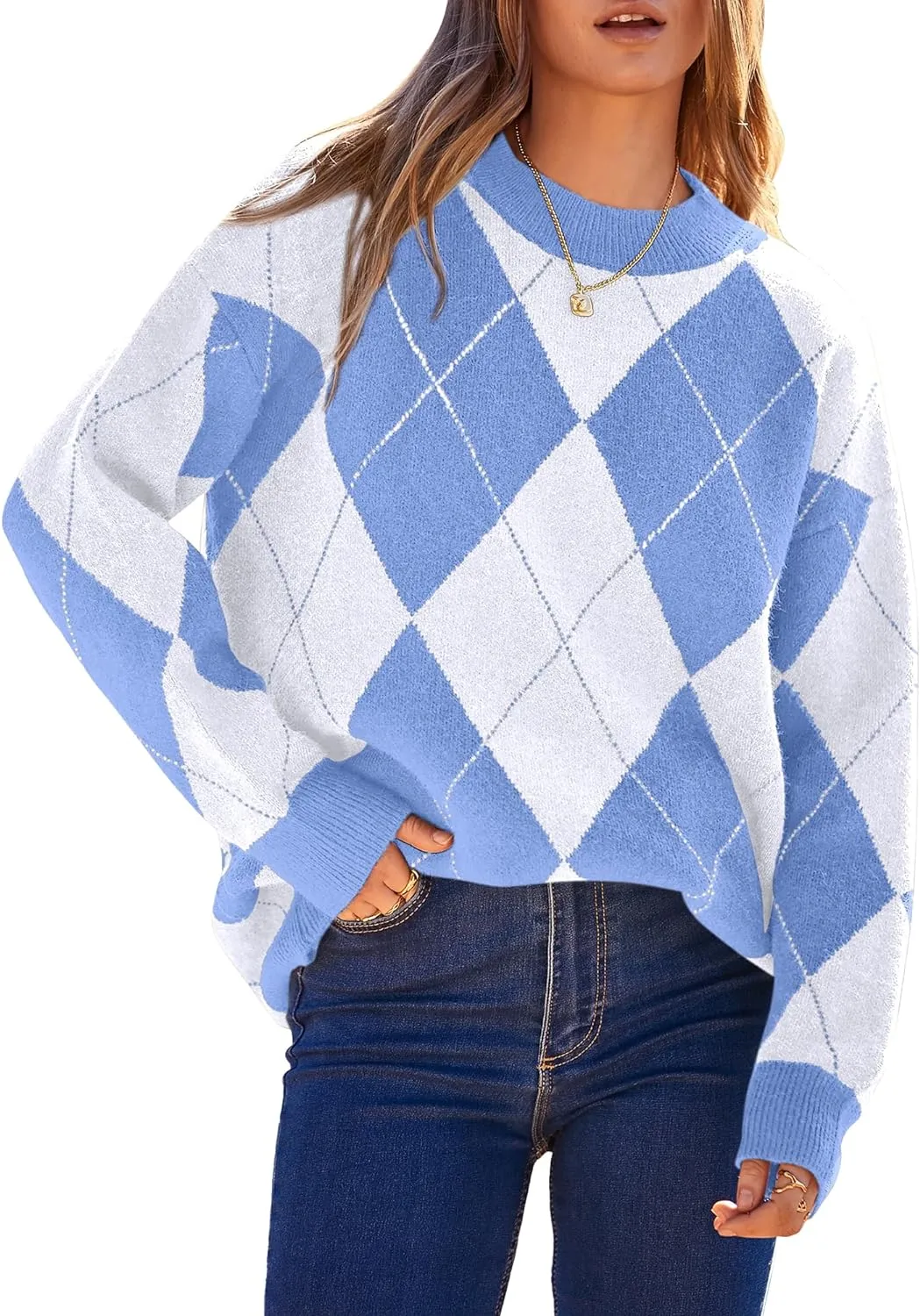 Womens Fall Argyle Oversize Winter Plaid Sweaters