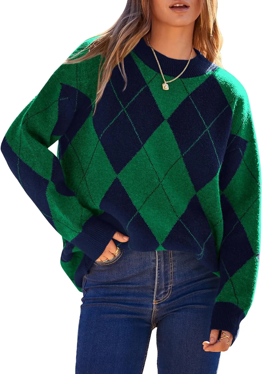 Womens Fall Argyle Oversize Winter Plaid Sweaters