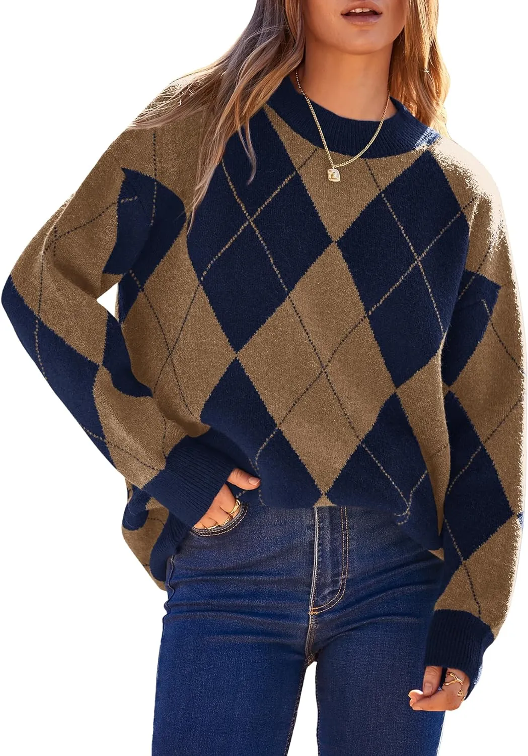 Womens Fall Argyle Oversize Winter Plaid Sweaters