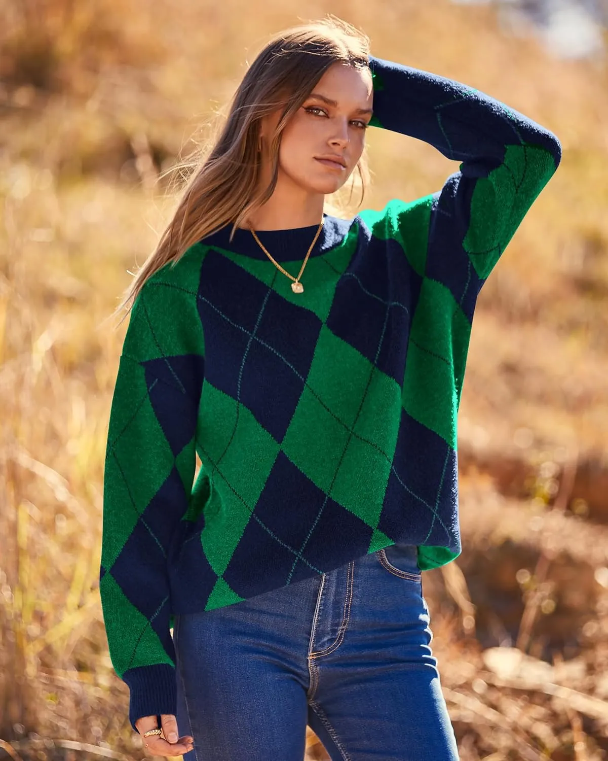 Womens Fall Argyle Oversize Winter Plaid Sweaters