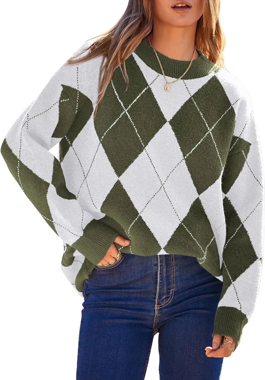 Womens Fall Argyle Oversize Winter Plaid Sweaters