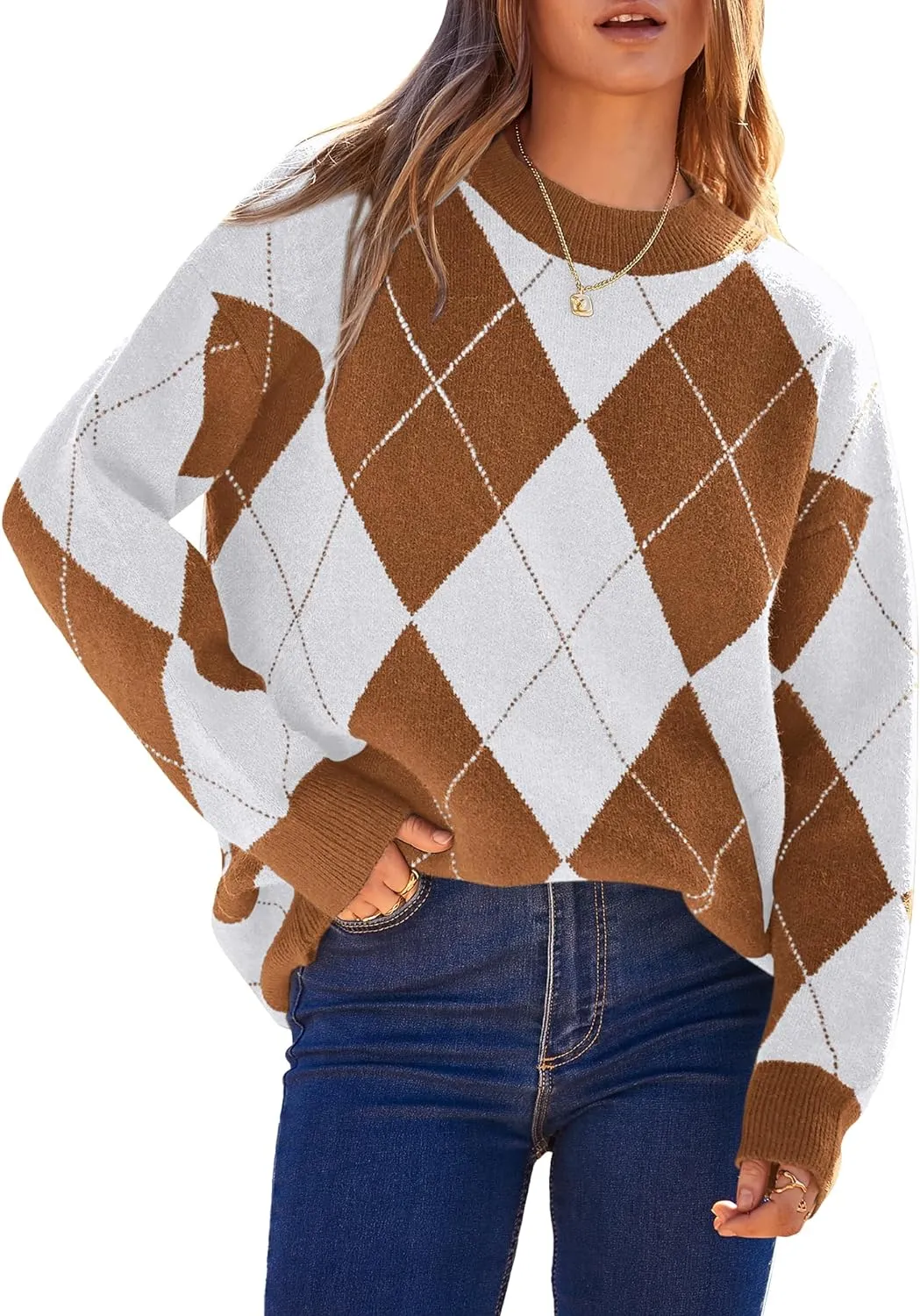 Womens Fall Argyle Oversize Winter Plaid Sweaters